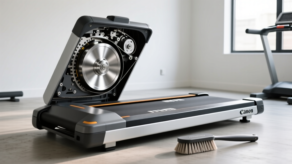 Folded treadmill with motor hood removed revealing the internal flywheel and drive belt alongside a specialized nylon cleaning brush