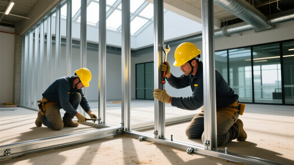 Construction workers installing silver light gauge steel framing studs and tracks on a commercial building subfloor with yellow safety helmets