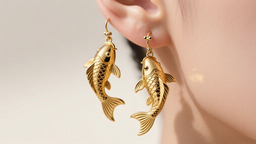 Close-up of 18k gold articulated koi fish earrings dangling from an earlobe, highlighting tiny rivet hinges on the tail joints.
