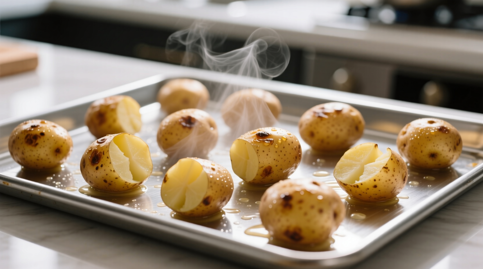 Par cooked potatoes cooling on baking sheet