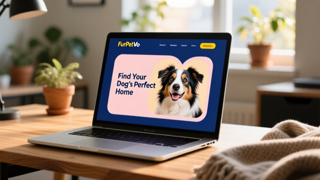 A laptop screen showing the FurPetVo homepage with a friendly border collie photo and 'Find Your Dog's Perfect Home' headline