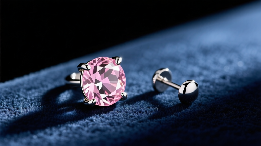 Overhead view of a morganite bezel-set earring next to a four-prong stud, resting on a dark velvet jeweler's display tray.