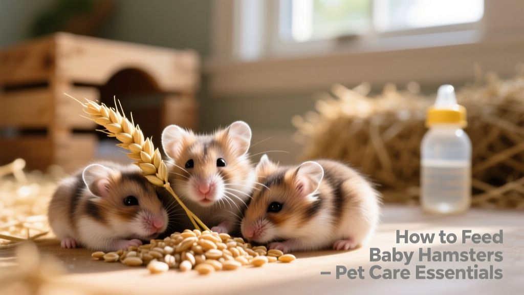A cluster of baby hamsters nestled near a sprig of millet and a small pile of wheat germ