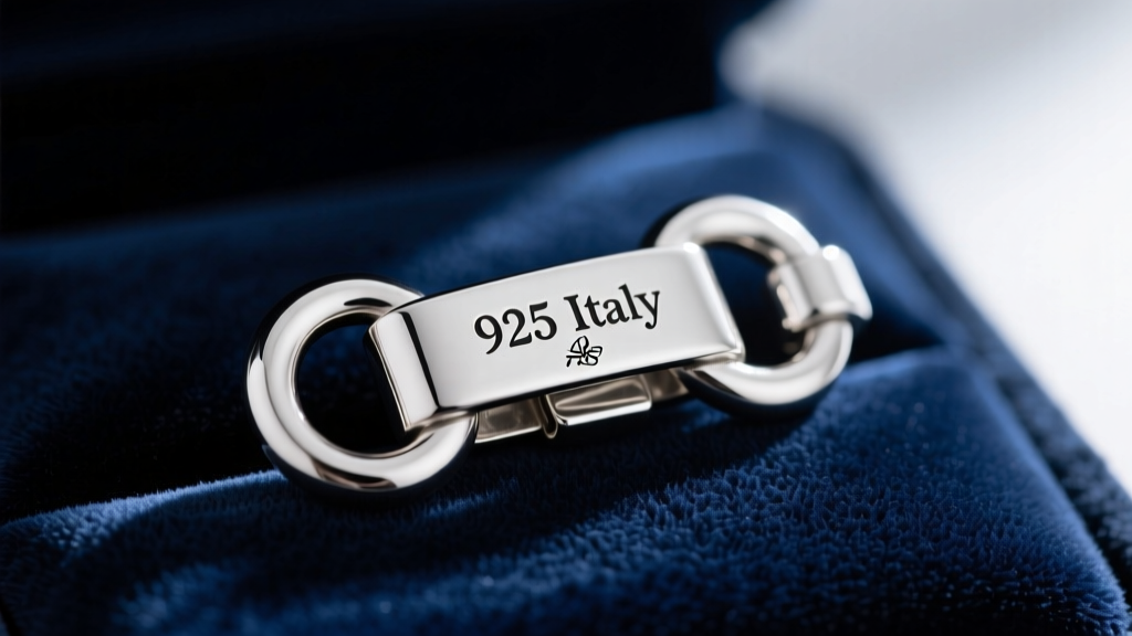 Extreme close-up of a sterling silver lobster clasp stamped with 925 Italy and a tiny makers mark, resting on dark velvet fabric