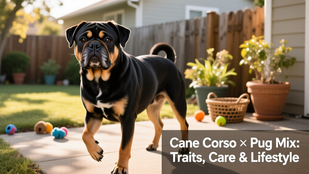 A friendly, medium-sized dog with a wrinkled forehead, short muzzle, and muscular build—showcasing classic traits of both Cane Corso and Pug