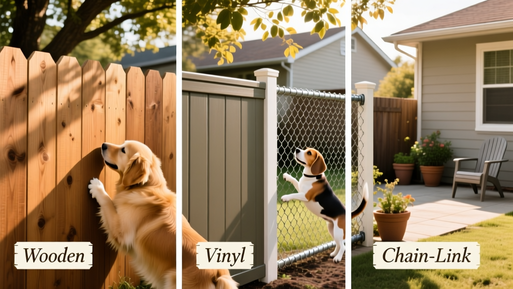 Side-by-side comparison of wooden, vinyl, and chain-link fence sections in a residential backyard
