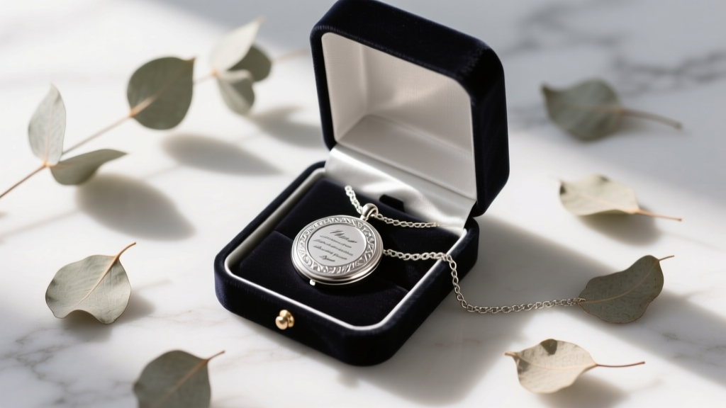 Open velvet gift box revealing a sterling silver citation locket with a handwritten note, surrounded by dried eucalyptus leaves.