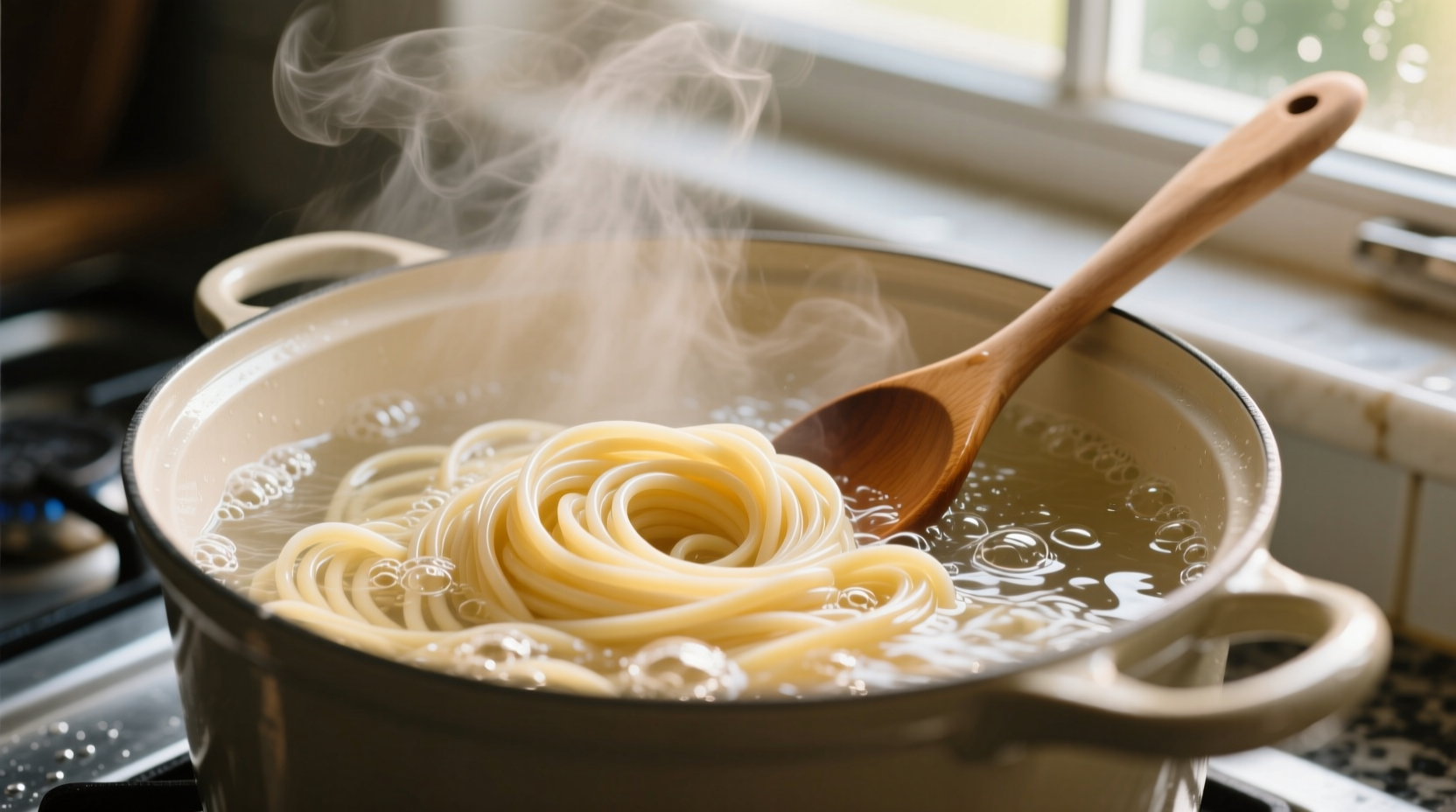 Fresh pasta testing for doneness in boiling water
