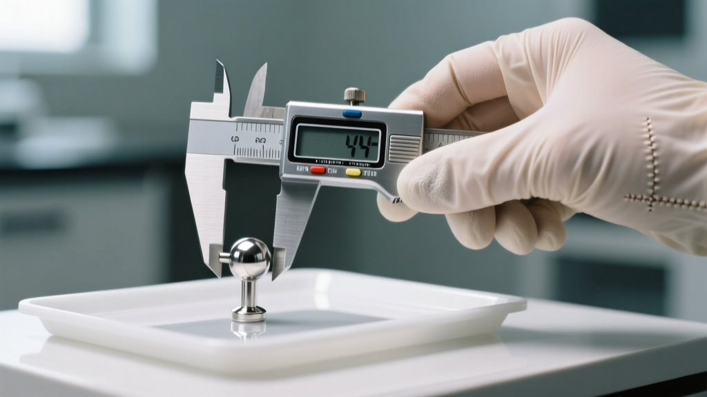 Close-up of gloved hands holding a digital caliper to measure the exact thickness of a 14-gauge titanium barbell on a sterile tray