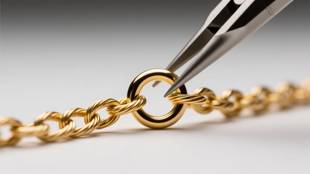 Macro shot of a delicate gold cable chain being repaired with a 22-gauge gold-filled jump ring under bright bench lighting.