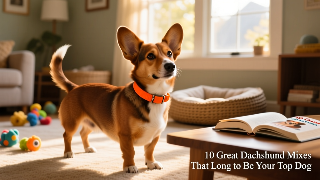 brown Corgi Dachshund mix with orange collar