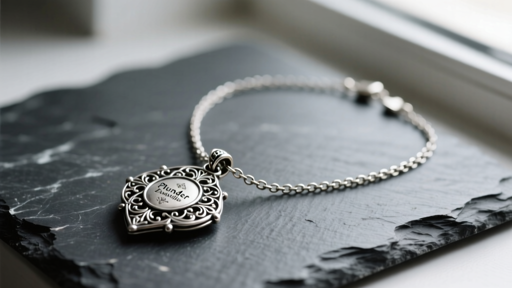 Close-up of an antique silver-tone Plunder Danielle necklace on dark slate, highlighting its intricate vintage pendant and chain.