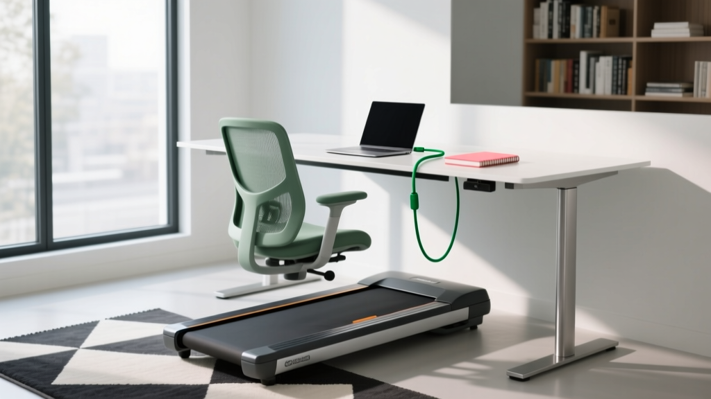 Modern minimalist home office featuring a sleek under-desk treadmill paired with a standing desk and ergonomic chair