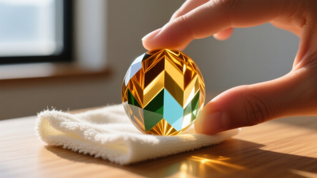 Close-up of a soft microfiber cloth gently wiping a large vintage Chevron glass trade bead held between two fingers in warm light