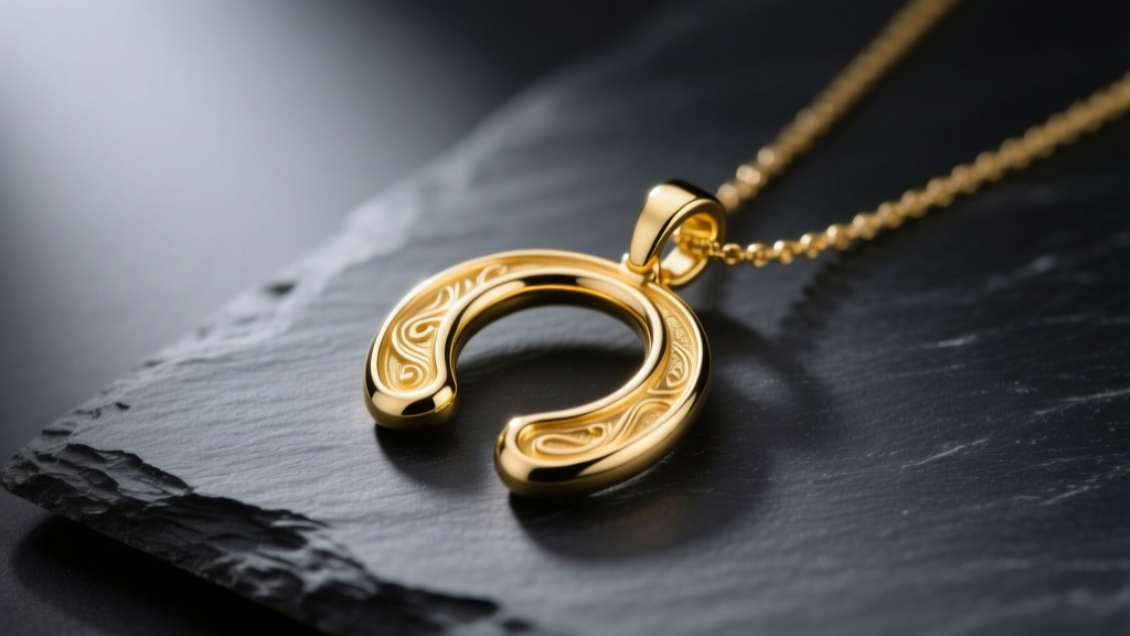 Polished 14k yellow gold wishbone pendant resting on dark slate, illuminated by soft directional studio lighting to show luster.