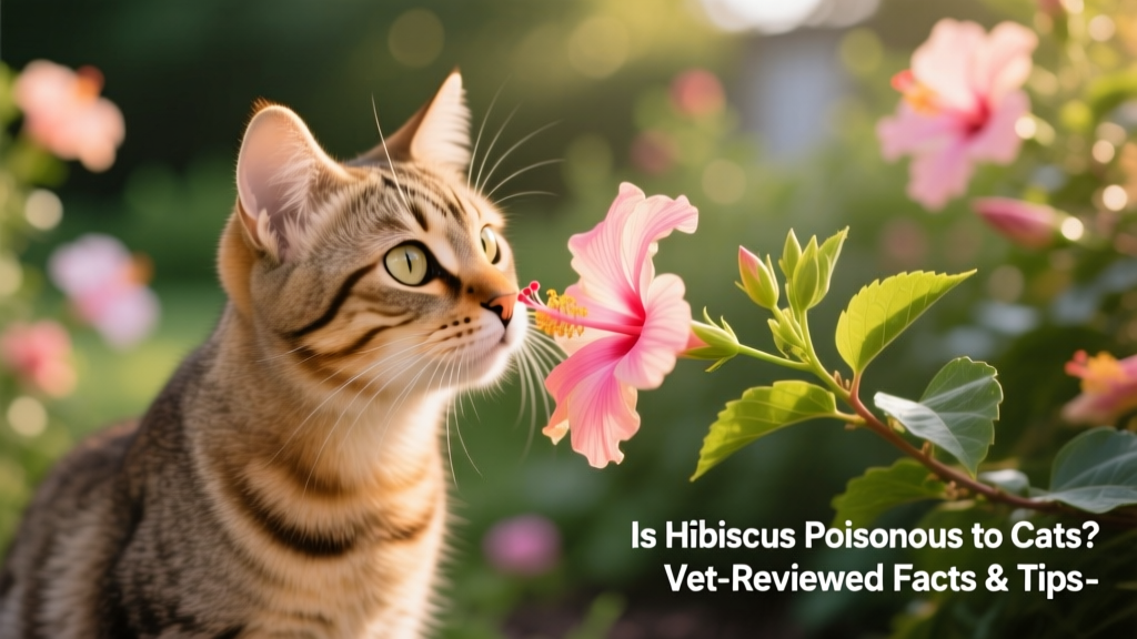 Cute tabby cat gently sniffing a hibiscus leaf, with blurred garden background