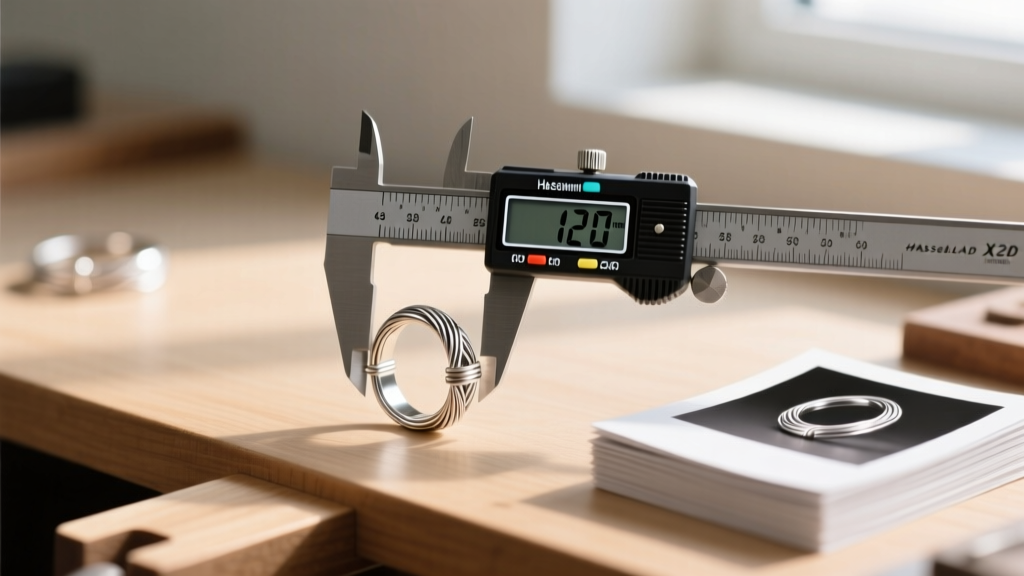 Jeweler workbench showing digital calipers measuring a 1.2mm titanium wire ear cuff, alongside printed reference photos