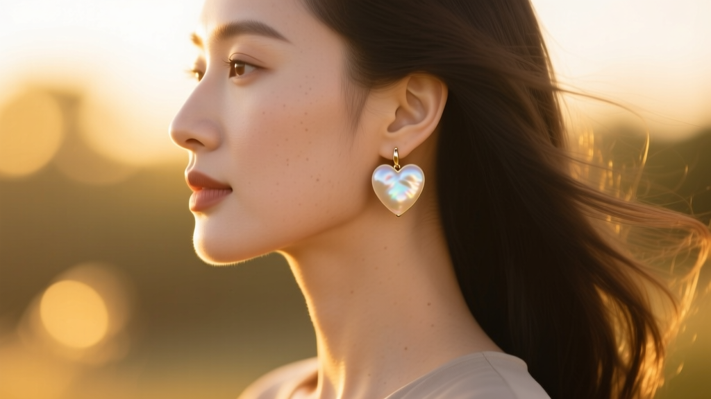 Woman wearing delicate mother of pearl heart huggie earrings, side profile, soft bokeh background, warm golden hour lighting.