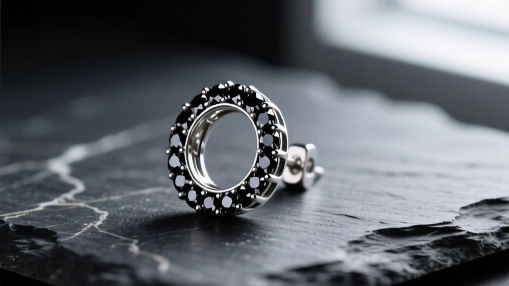 Macro shot of 925 sterling silver earring with black rhodium plating and pave black diamonds on dark slate, sharp focus.