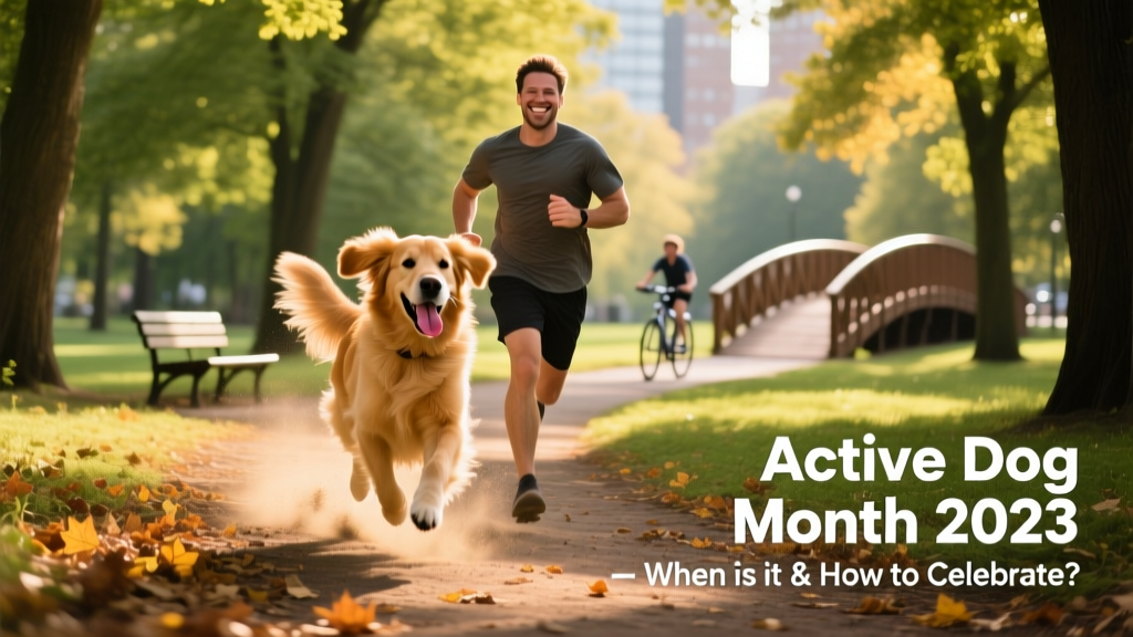 A happy, energetic dog running through a sunlit park trail with its owner
