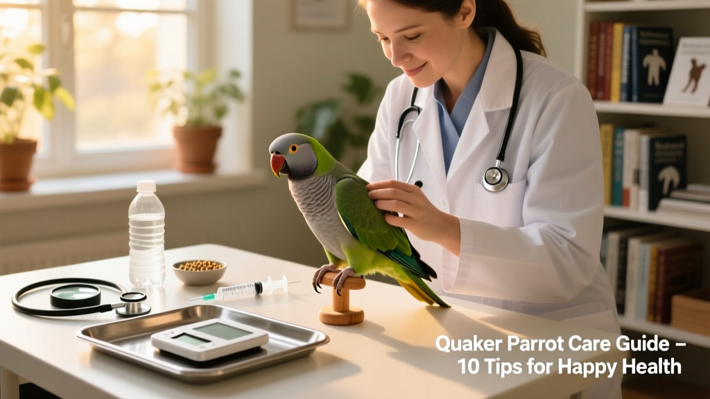 A veterinarian gently examining a Quaker parrot on a clean exam table, with diagnostic tools and a calm, supportive environment visible
