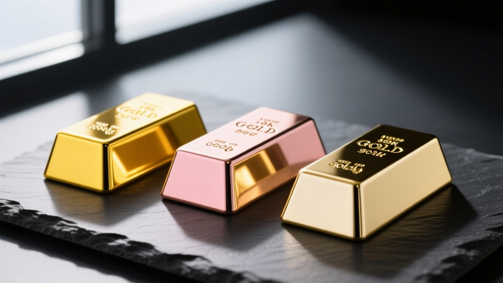 Macro shot of 14k yellow, 18k rose, and champagne gold ingots on dark slate, showing dramatic shadows and bright reflections.