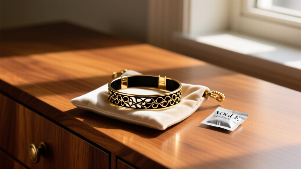 Polished Black Hills gold bracelet resting in an anti-tarnish cloth pouch next to a silica gel packet on a warm oak wood dresser