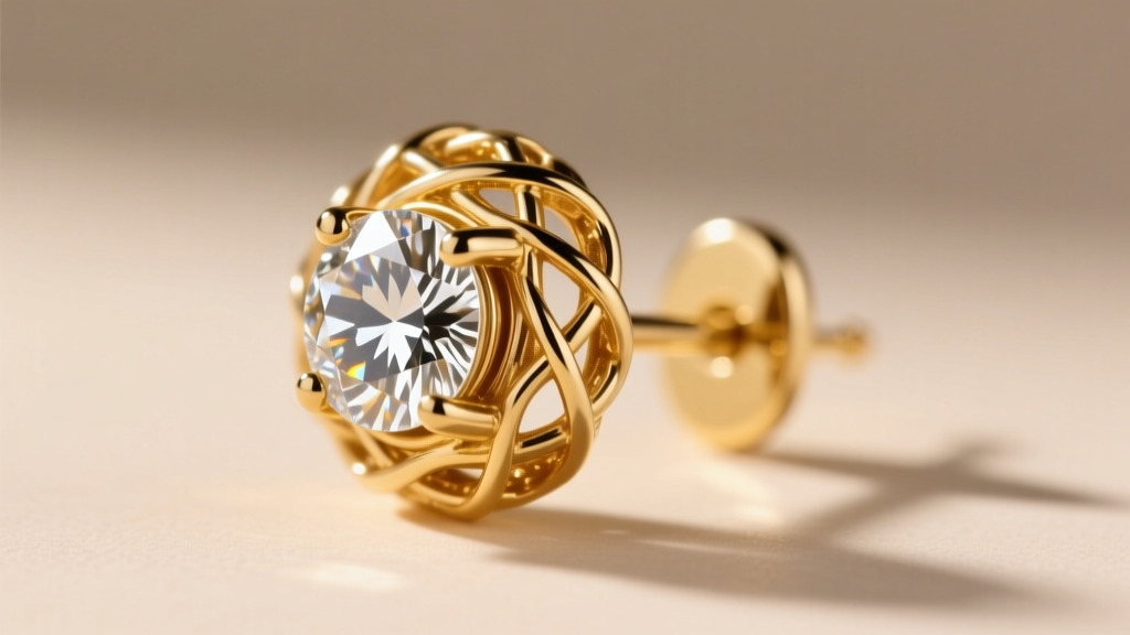 Side profile of a 14k yellow gold basket setting holding a round diamond earring, highlighting the metalwork and secure backing.