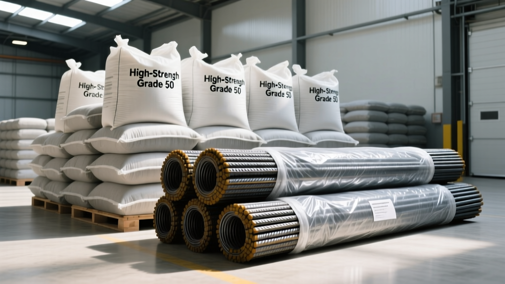 Pallets of high-strength concrete bags and bundled epoxy-coated rebar stacked at a specialized foundation building materials supply yard