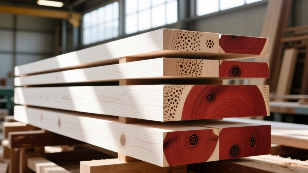 Stacked white oak and red oak lumber boards highlighting contrasting grain patterns and pore structures in a sunlit sawmill