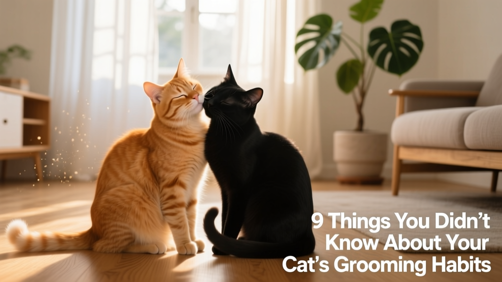 Two cats grooming each other’s heads in a calm, sunlit room