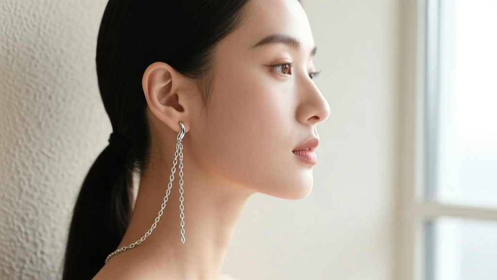 Side profile of a model wearing a silver threader earring with chain gracefully draping down the earlobe.