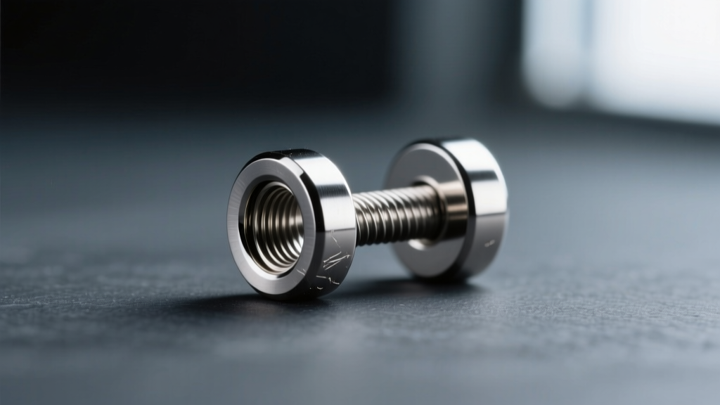 Close-up of 16-gauge titanium flat back labret, showing polished finish and internal threading against a dark slate background.