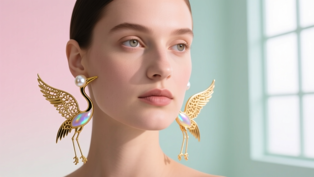 Model wearing elongated gold and pearl heron bird earrings framing a round face shape against a soft pastel studio backdrop