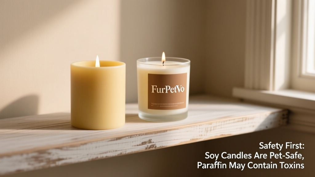 Side-by-side comparison: a traditional paraffin candle next to a FurPetVo soy-based candle, both unlit, on a clean wooden shelf