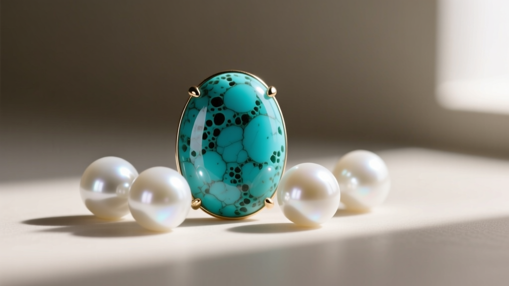 Macro shot of porous turquoise cabochon and white Akoya pearls resting beside a warning tag about chemical jewelry cleaners.