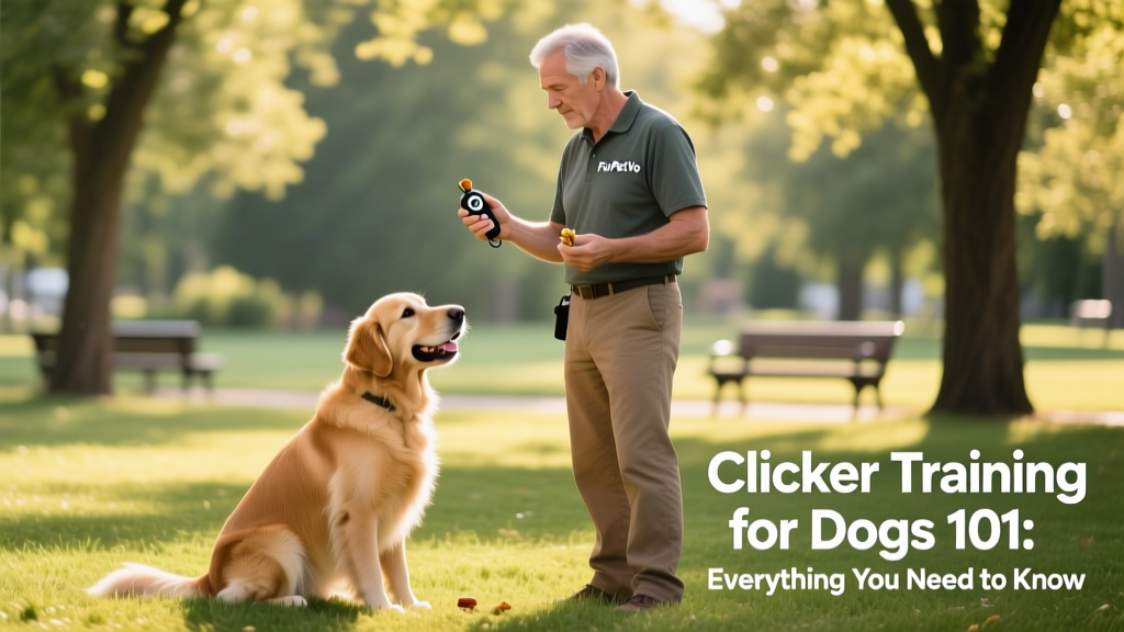 A trainer and dog mid-session: the trainer holds a FurPetVo clicker in one hand and a treat in the other, while the dog sits attentively with relaxed posture and bright eyes