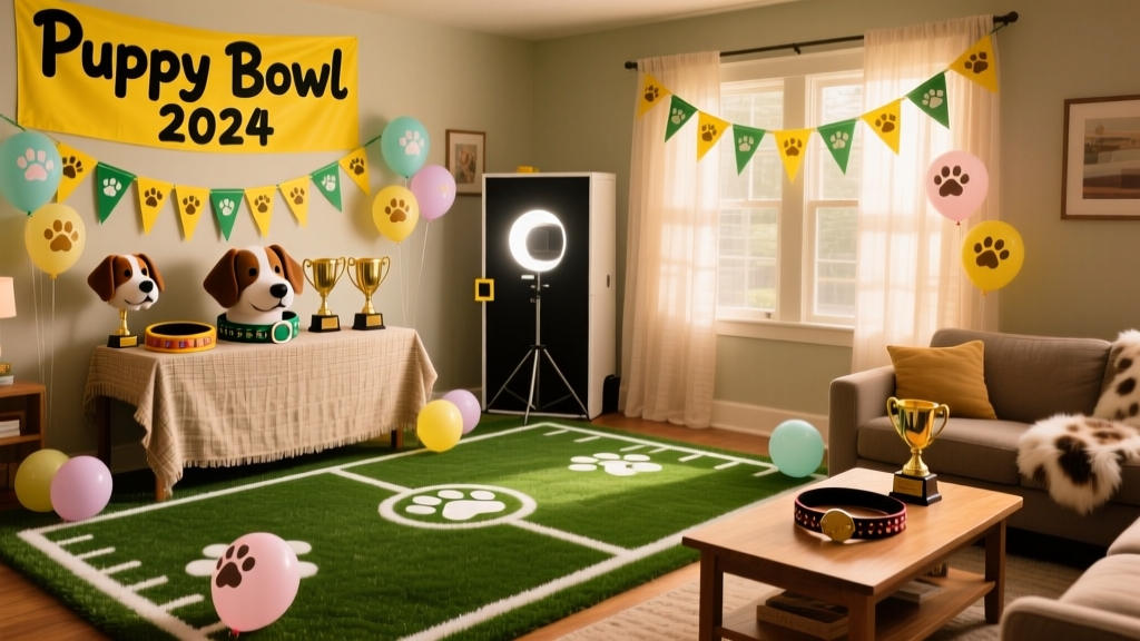 A cozy living room decorated for a Puppy Bowl party: artificial grass 'field,' yellow-and-green banners, paw-print balloons, and a photo booth corner with props