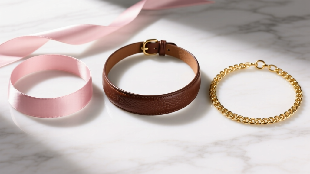 Flat lay of three rose choker materials: brown leather, pink silk ribbon, and a 14k gold vermeil cable chain on white marble.
