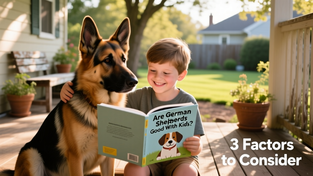 A smiling school-age child sitting side-by-side with a relaxed German Shepherd, both looking at an open book about dogs