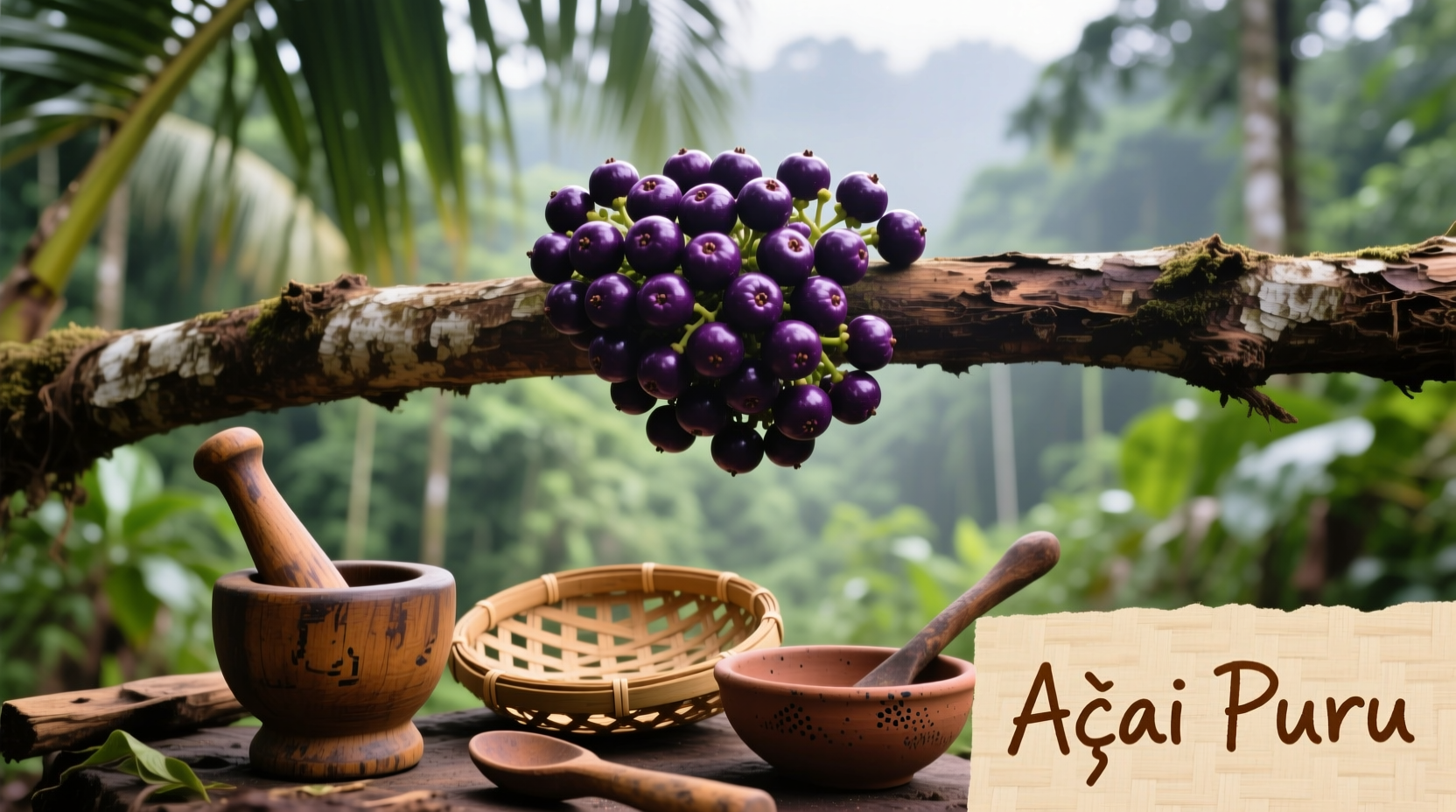Fresh acai berries on palm branch with traditional preparation tools