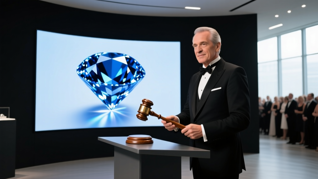 Auctioneer holding a wooden gavel in front of a glowing screen displaying a rare blue diamond at a luxury jewelry auction