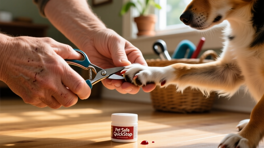 Close-up of hands gently trimming a dog's nails with proper clippers and styptic powder nearby