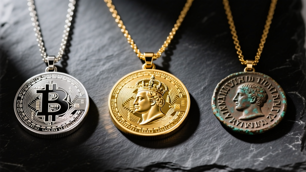 Flat-lay photo of three money necklaces: a British Gold Sovereign, a physical Bitcoin, and a Roman bronze coin on dark slate.