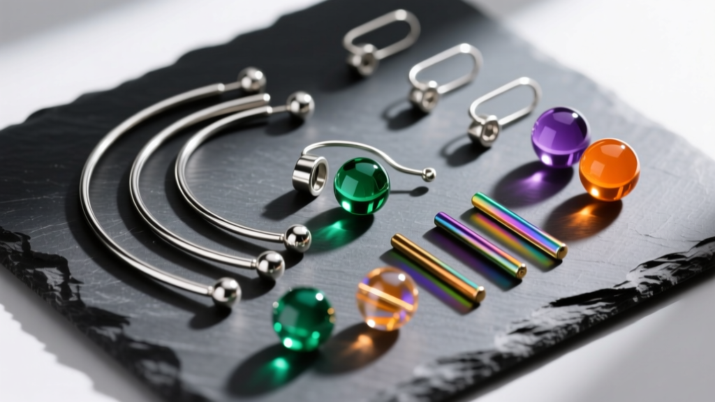 Overhead flat-lay of titanium ear wires, niobium headpins, and borosilicate glass beads arranged on a dark slate crafting surface