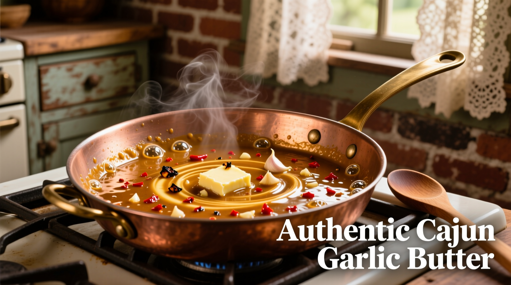 Homemade cajun garlic butter sauce in copper pan
