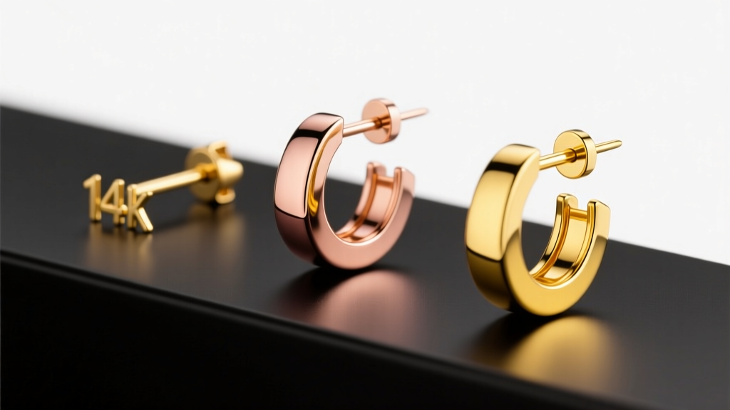 14k, 18k, and 22k gold earring posts showing color shifts and varying prong thicknesses under bright, diffused studio lighting.