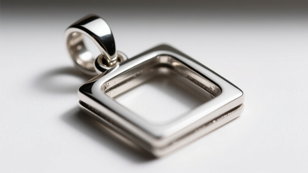 Macro shot of a sterling silver square initial pendant bail, showing the gap between the soldered jump ring and the top edge