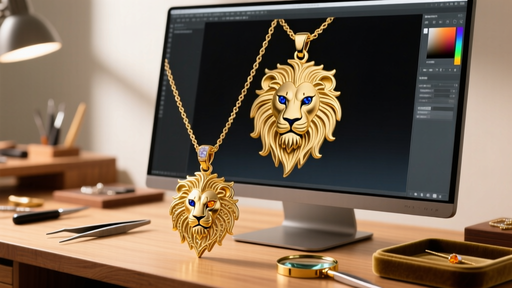 Jeweler workbench showing a CAD rendering of a heraldic lion crest next to a finished 18k gold coat of arms necklace pendant
