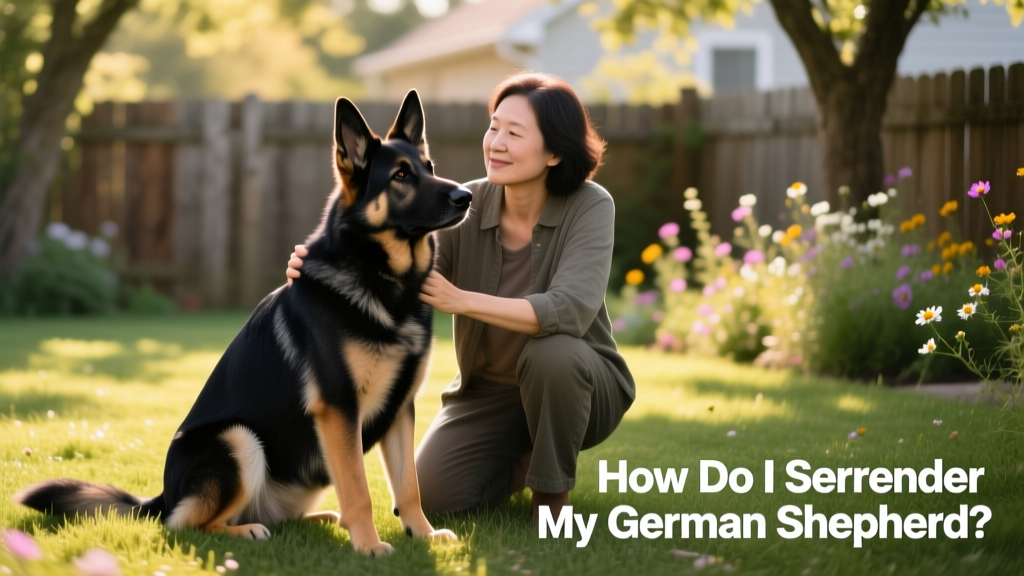 A calm, well-groomed German Shepherd sitting beside a caring owner on a grassy yard
